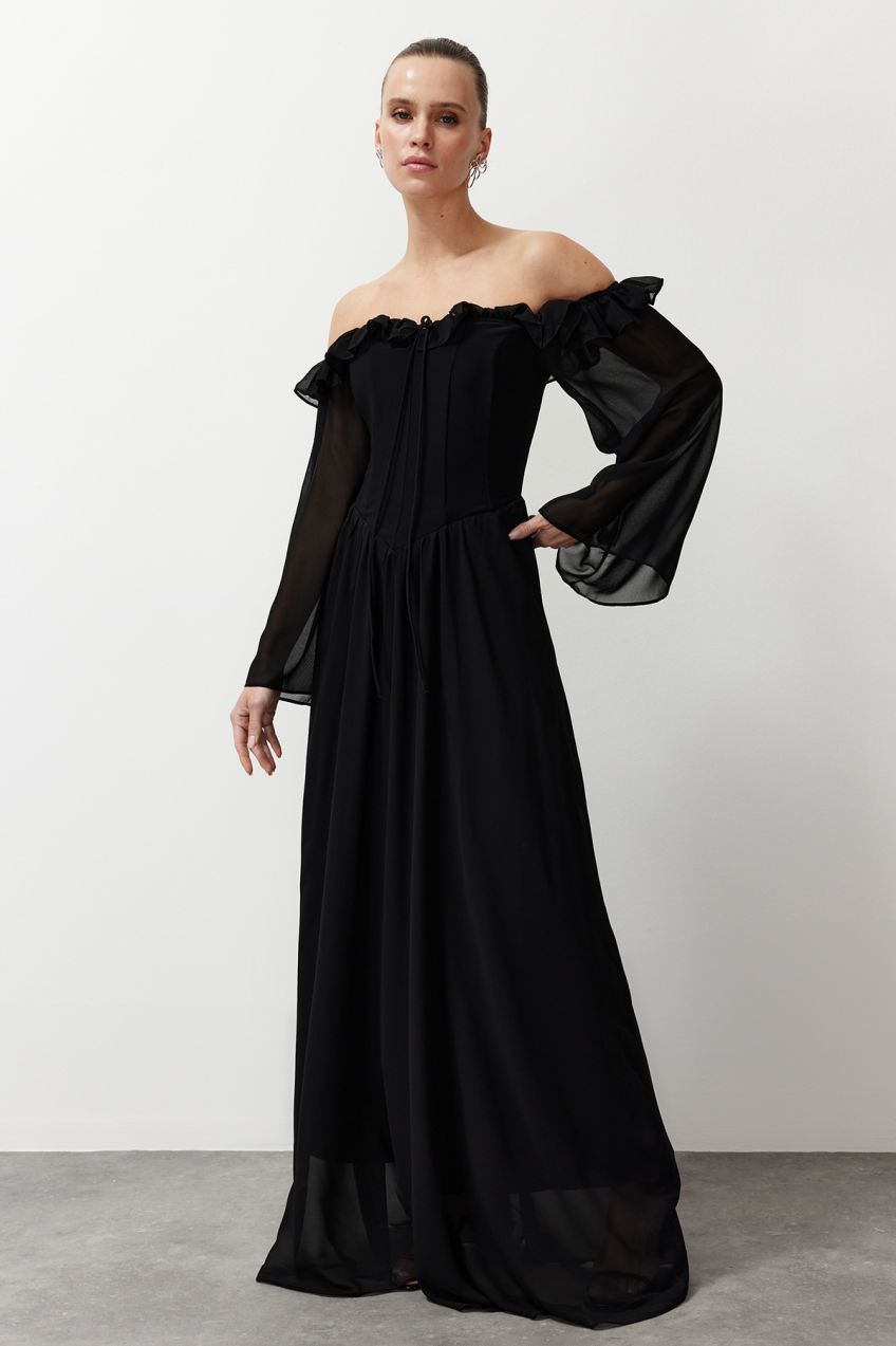 Trendyol Black A-Line Woven Chiffon Long Evening Evening Dress