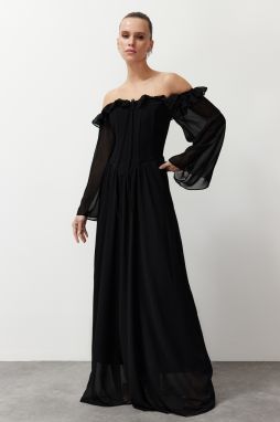 Trendyol Black A-Line Woven Chiffon Long Evening Evening Dress