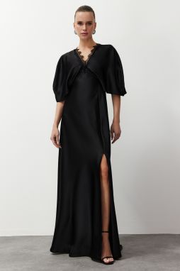 Trendyol Black Lace Detailed Woven Satin Long Evening Evening Dress