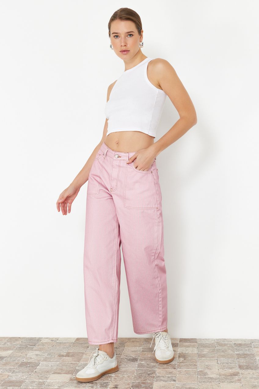 Trendyol Pink Striped High Waist Barrel Jeans