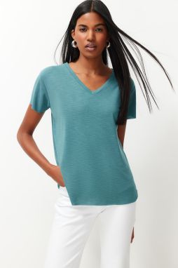 Trendyol Indigo Modal V Neck Short Sleeve Knitted T-Shirt