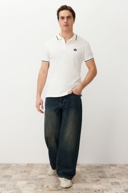 Trendyol White Slim/Narrow Cut Embroidered 100% Cotton Polo Neck T-Shirt