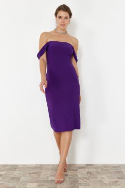 Trendyol Purple Carmen Collar Knitted Elegant Evening Dress