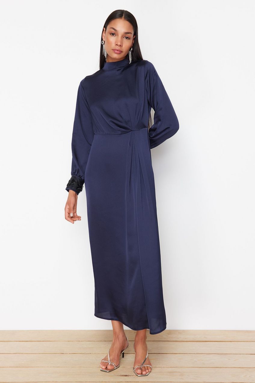 Trendyol Navy Blue Cuff Embroidery Woven Satin Evening Dress