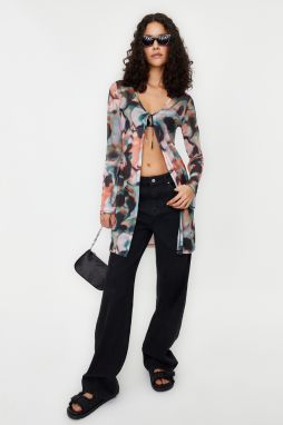 Trendyol Multicolor Printed Long Tulle Stretchy Knitted Knitted Blouse