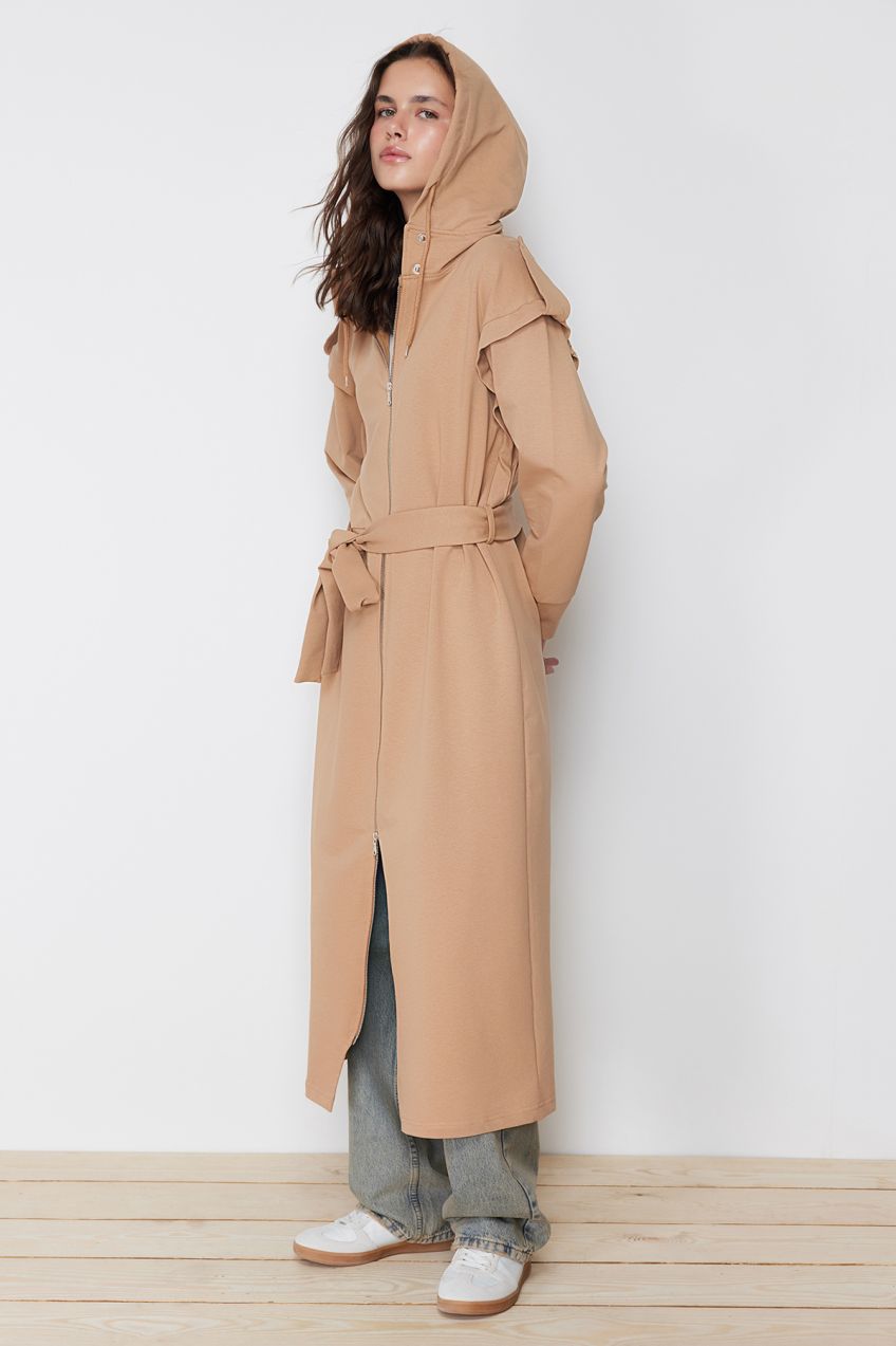 Trendyol Beige Hooded Belted Zippered Knitted Wear Cap & Abaya Dress