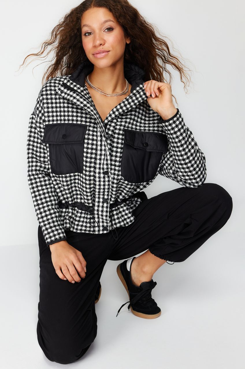 Trendyol Black Oversize Molded Houndstooth Tweed Thin Coat