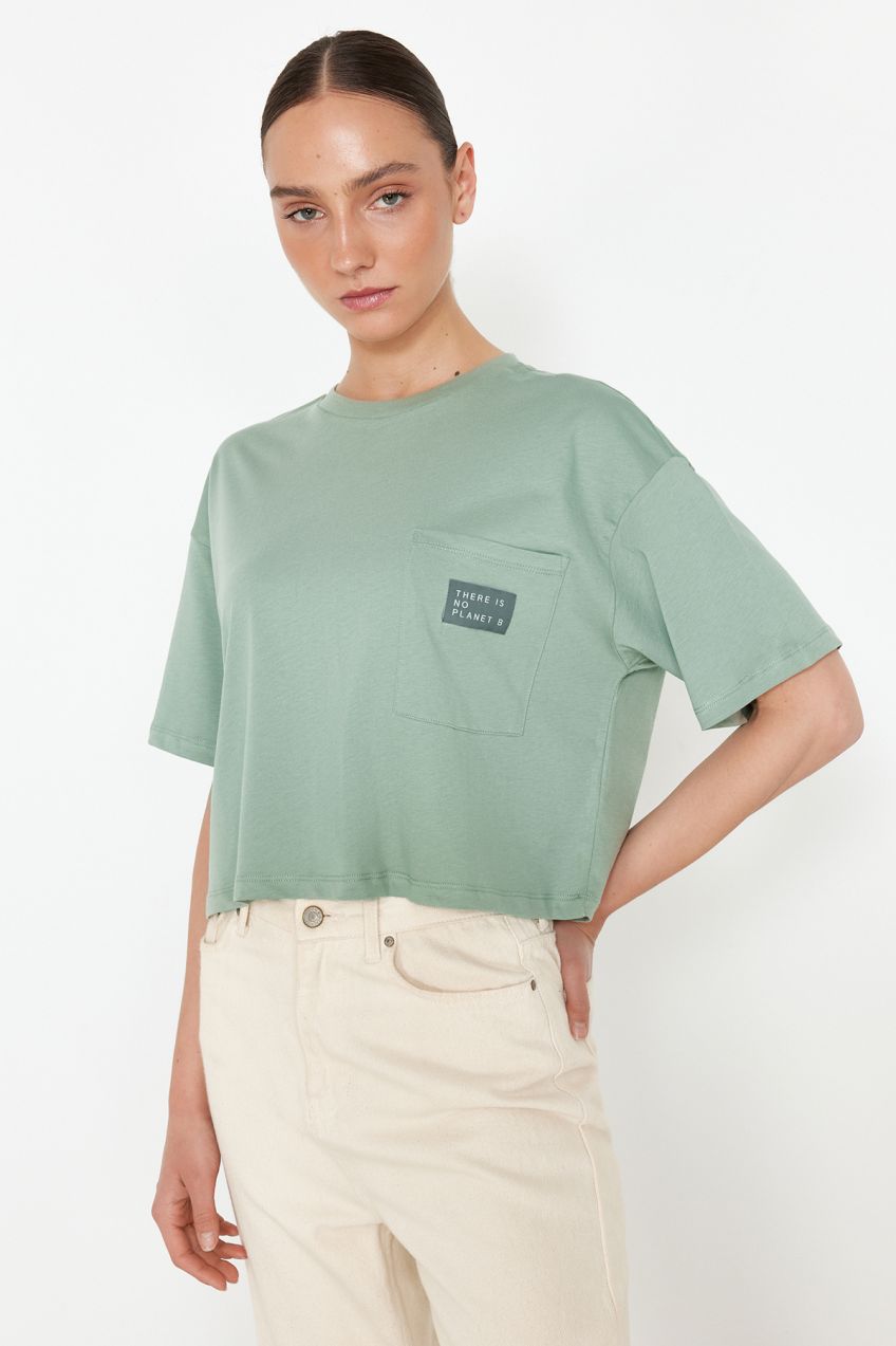Trendyol Mint More Sustainable 100% Cotton Relaxed Crop Pocket and Printed Knitted T-Shirt