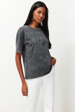 Trendyol Anthracite Stone Accessory Detailed Washing/Abrasion Effect Knitted T-Shirt