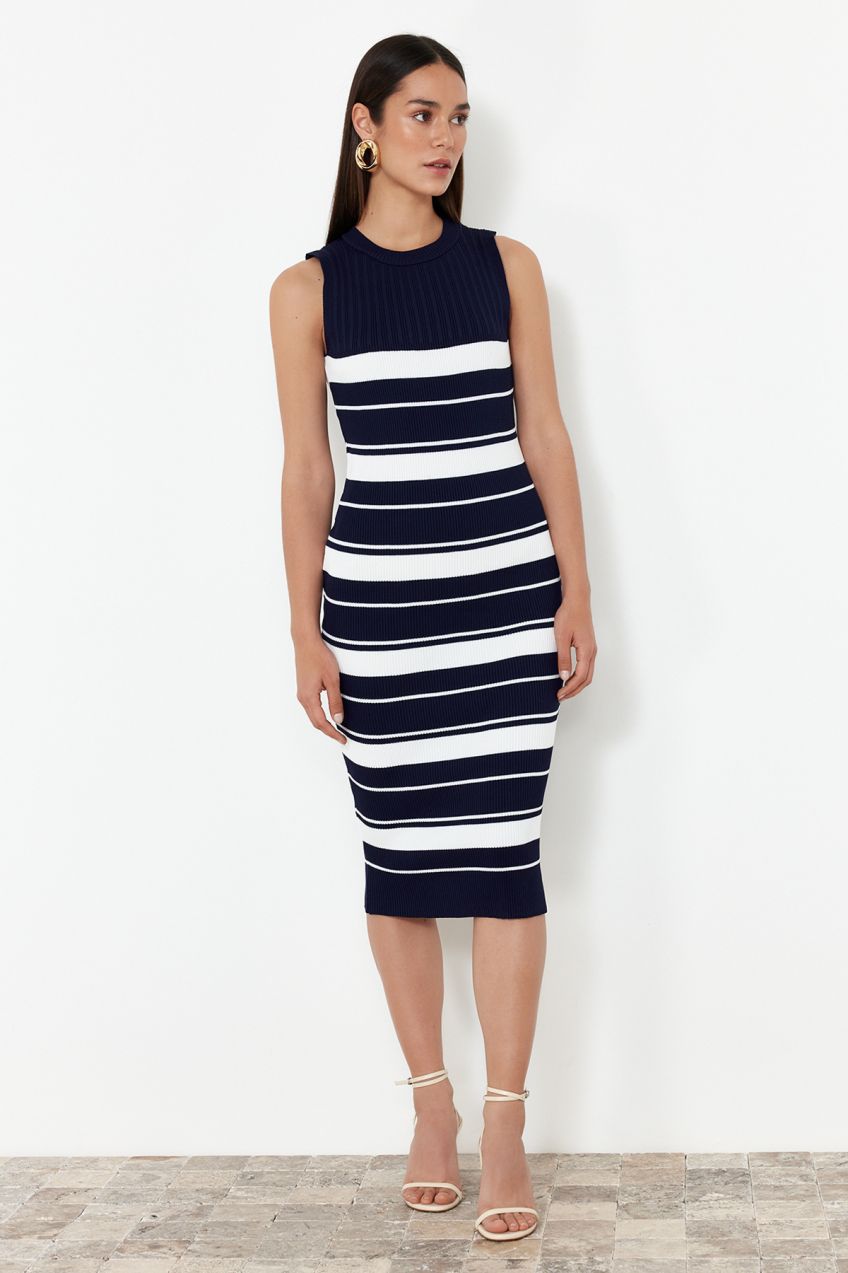 Trendyol Navy Blue Striped Crew Neck Knitwear Dress