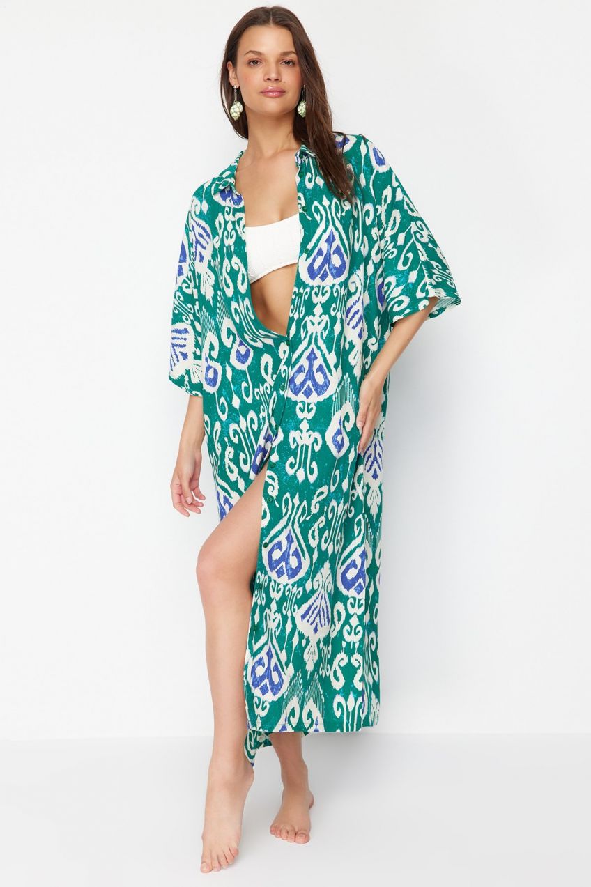 Trendyol Ethnic Patterned Wide Fit Midi Woven Beach Dress