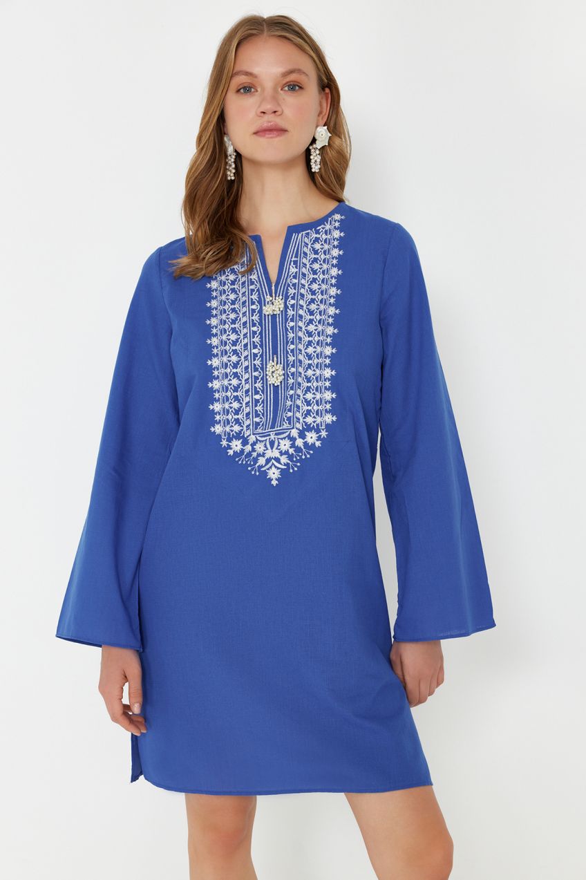 Trendyol Blue Mini Woven Embroidered 100% Cotton Beach Dress