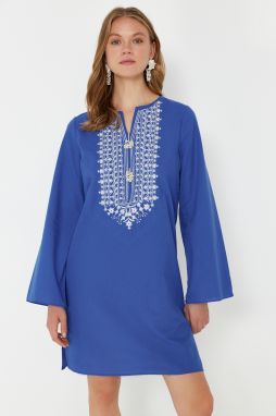 Trendyol Blue Mini Woven Embroidered 100% Cotton Beach Dress