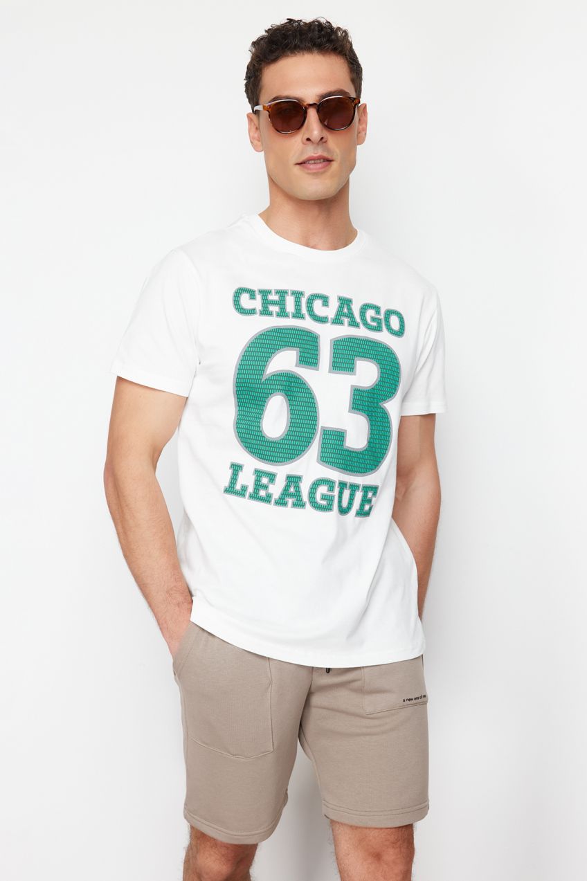 Trendyol Ecru Regular Cut College Printed 100% Cotton T-Shirt