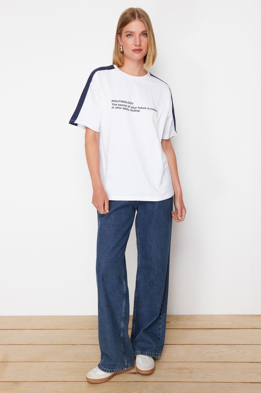 Trendyol White 100% Cotton Color Blocked Slogan Printed Oversize/Wide Pattern Knitted T-Shirt