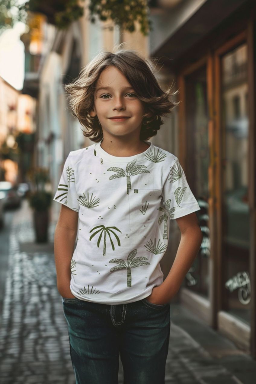 Trendyol White Boy Palm Patterned Short Sleeve Knitted T-Shirt