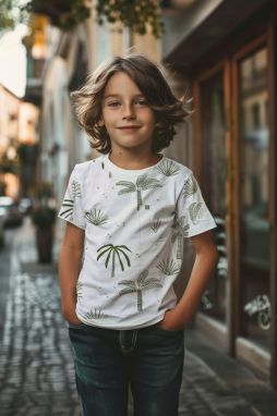 Trendyol White Boy Palm Patterned Short Sleeve Knitted T-Shirt
