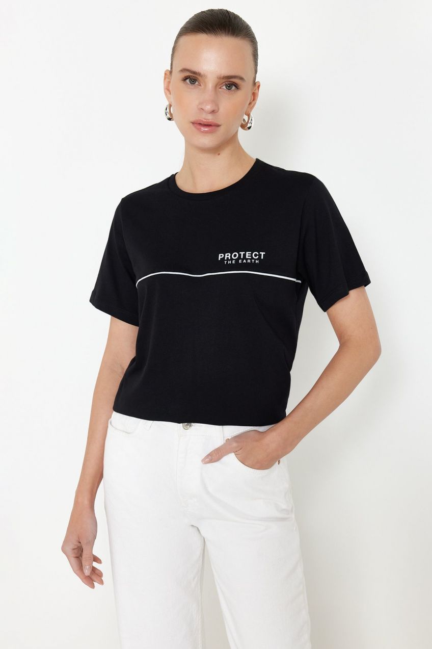 Trendyol Black More Sustainable 100% Cotton Relaxed/Crop Piping and Printed Knitted T-Shirt