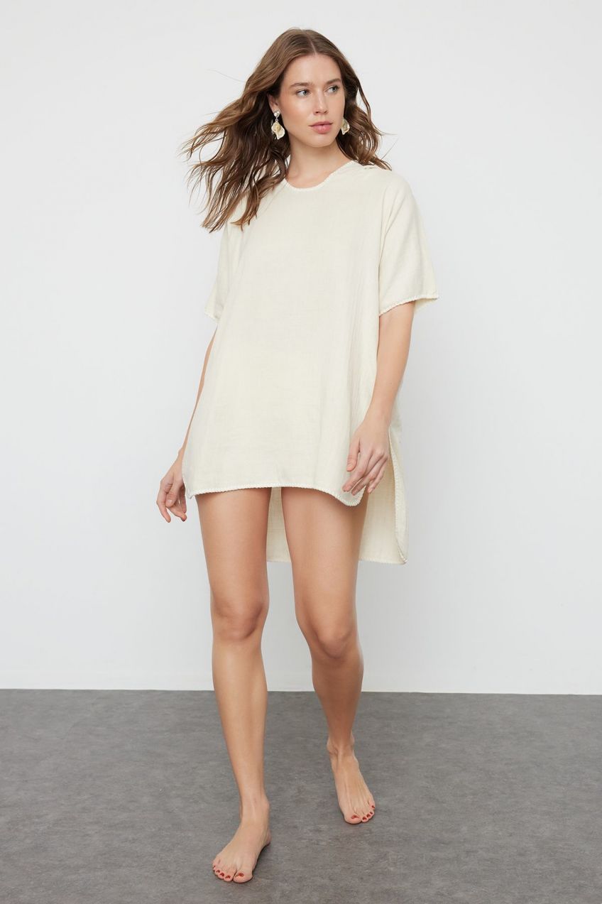 Trendyol Ecru Wide Fit Mini Woven Embroidery Muslin Beach Dress