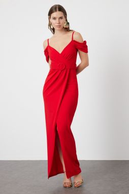 Trendyol Red Belt Detailed Woven Long Evening Dress