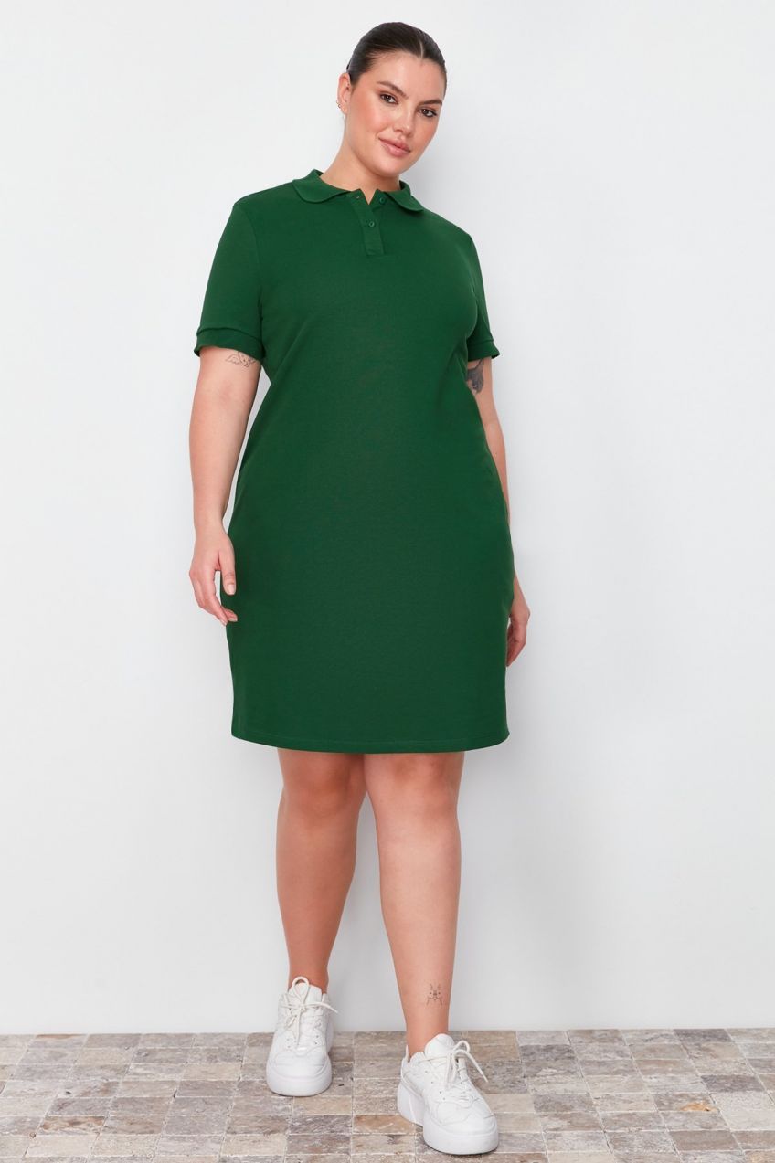 Trendyol Curve Green Polo Neck Mini 100% Cotton Knitted Dress