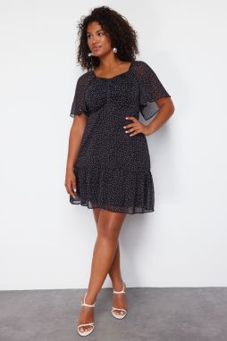 Trendyol Curve Black Polka Dot Elastic Waist Woven Mini Chiffon Lined Plus Size Dress