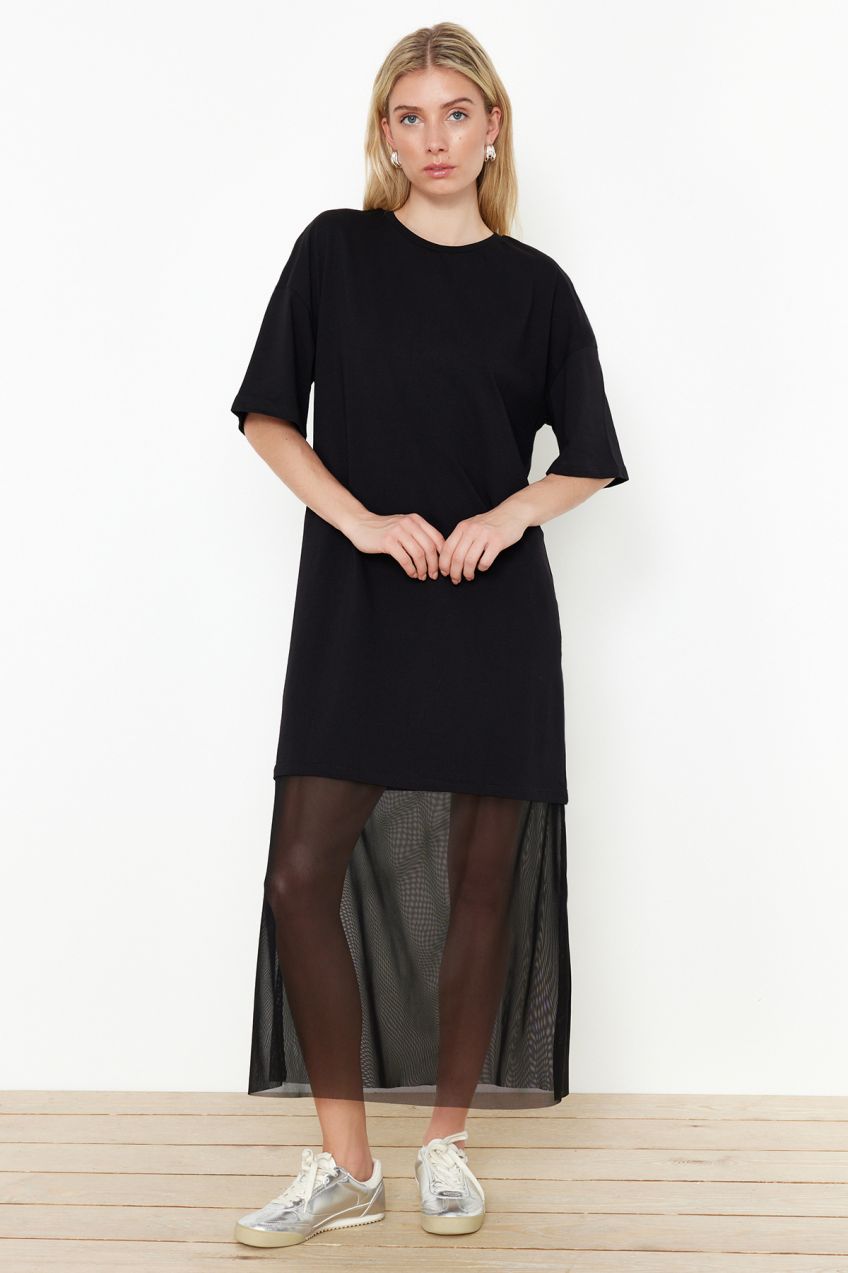 Trendyol Black Relaxed/Casual Cut Tulle Detailed Knitted Maxi Dress