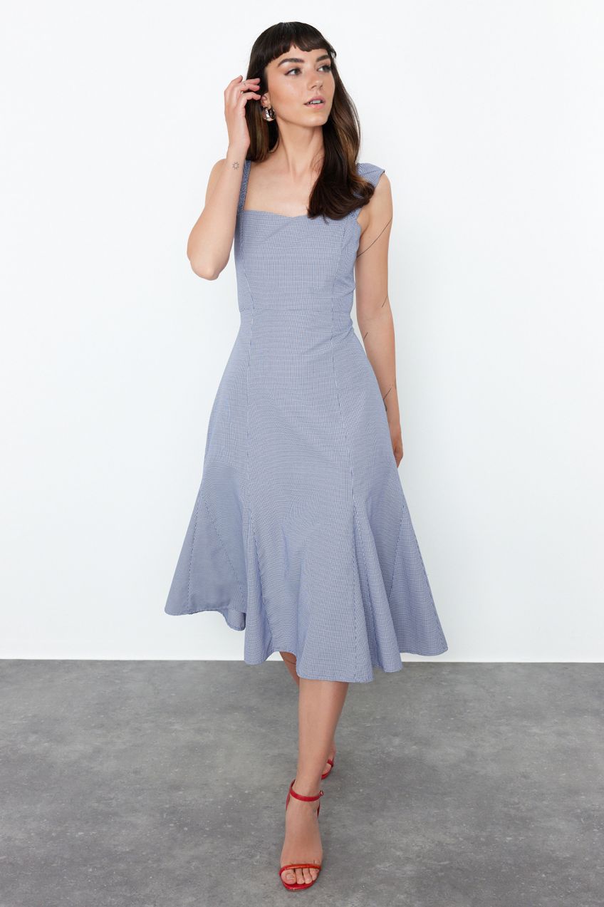 Trendyol Blue A-Line Gipe Detailed Midi Woven Dress
