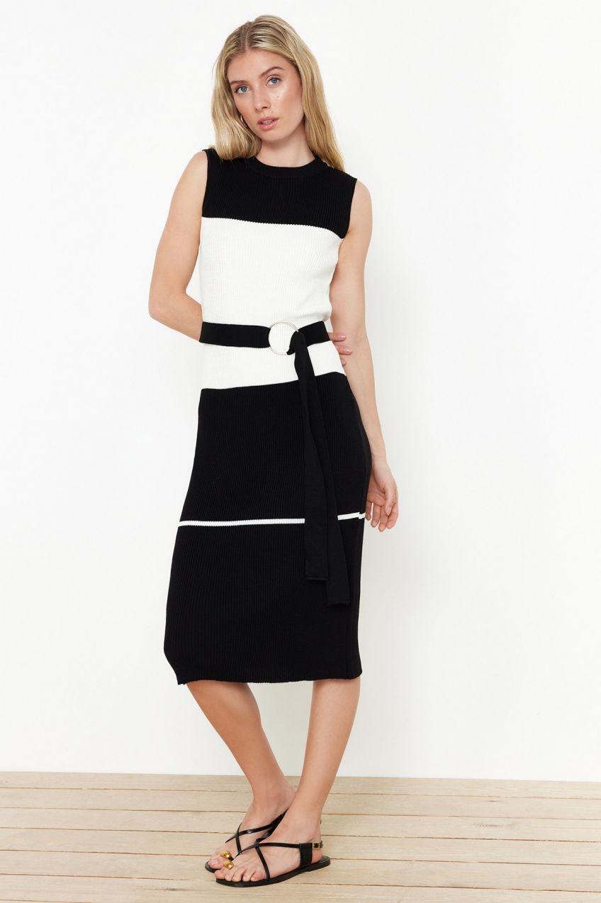 Trendyol Black Color Block Tie Detailed Knitwear Dress