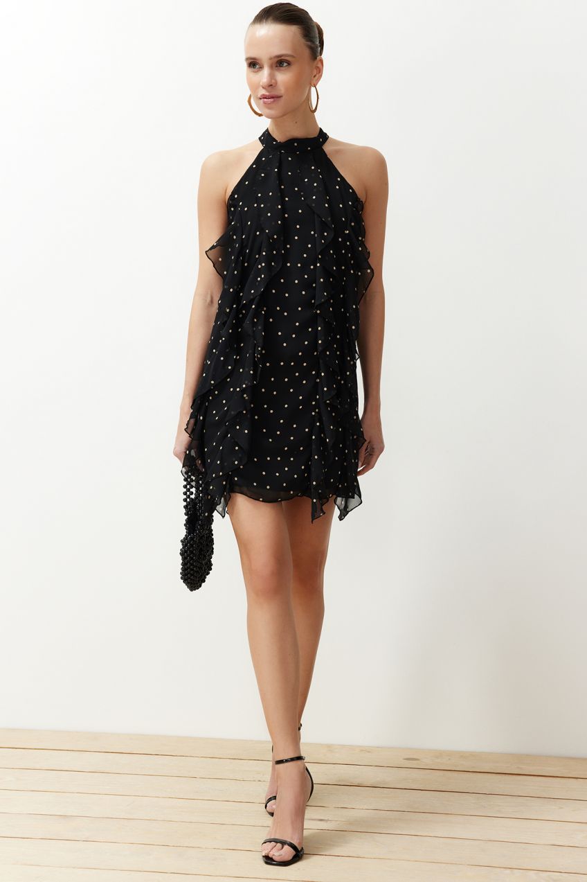 Trendyol Black Polka Dot Flounce Chiffon Lined Mini Woven Dress