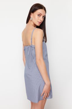 Trendyol Blue Checked Straight Cut Back Tie Detailed Mini Woven Dress