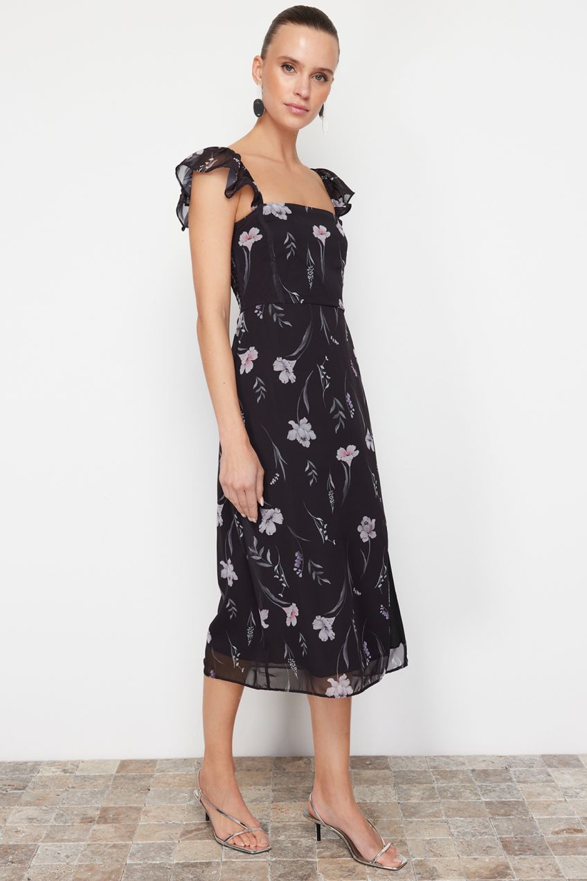Trendyol Black Floral A-Line Sleeves Flounce Midi Woven Dress
