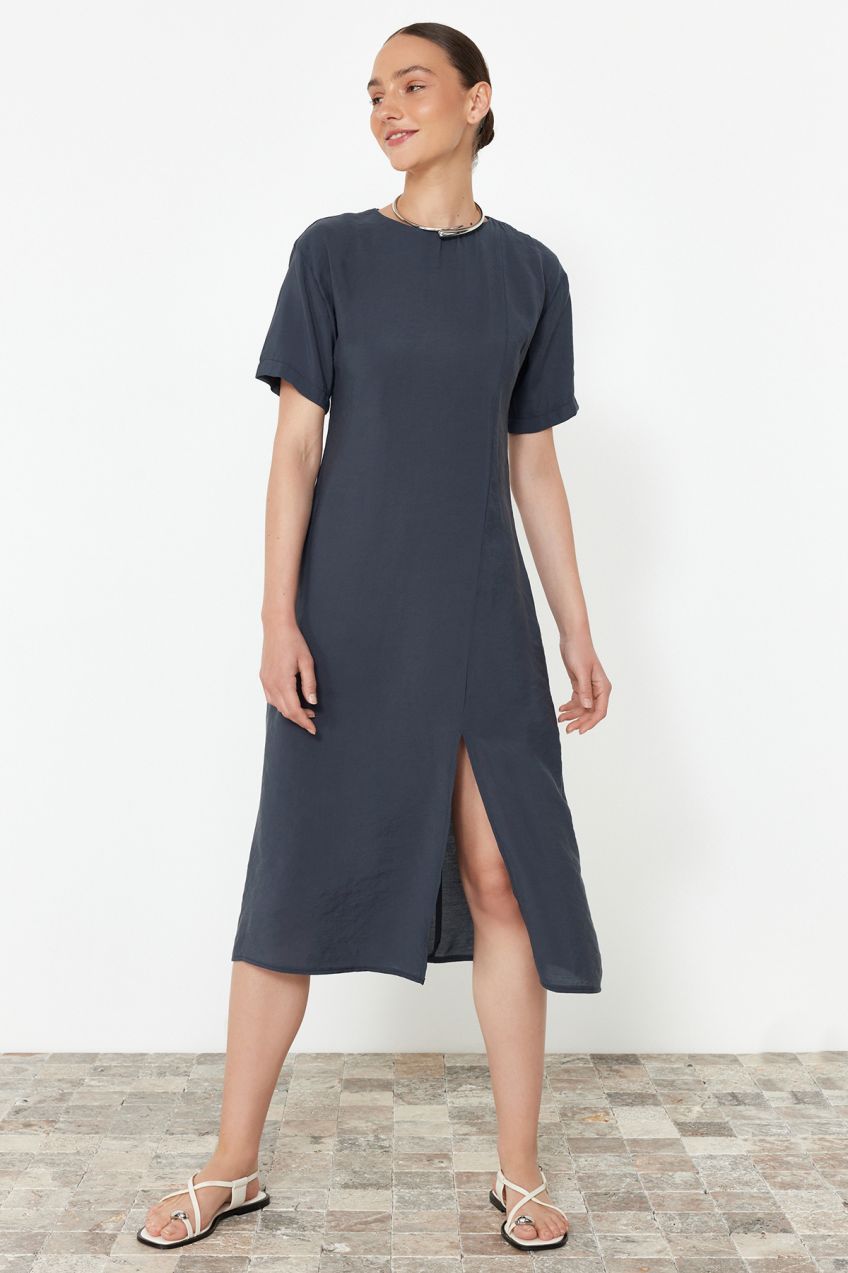 Trendyol Anthracite Straight Cut Slit Detailed Midi Woven Dress