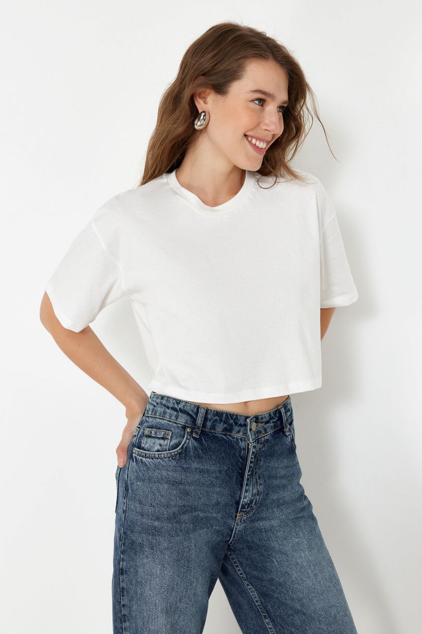 Trendyol Ecru Regular/Normal Pattern Stone Embroidered Knitted T-Shirt