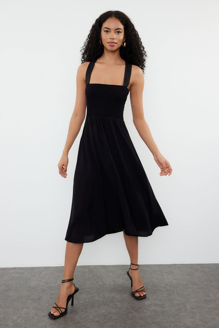 Trendyol Black A-line Strap Stitching Detail Vicone Midi Woven Dress