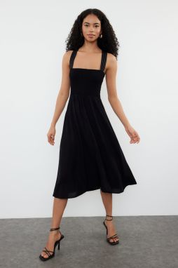 Trendyol Black A-line Strap Stitching Detail Vicone Midi Woven Dress