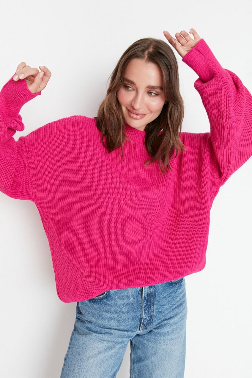 Trendyol Fuchsia Wide Fit Crew Krk Pletený sveter