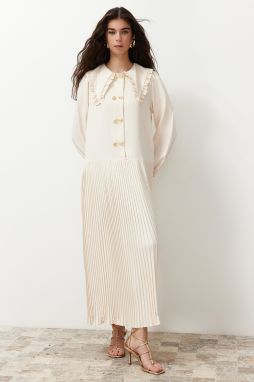 Trendyol Beige Baby Collar Gold Button Detailed Pleated Woven Dress