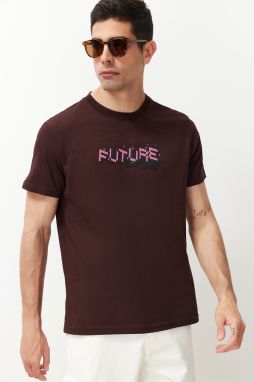 Trendyol Brown Regular Cut Text Printed 100% Cotton T-shirt