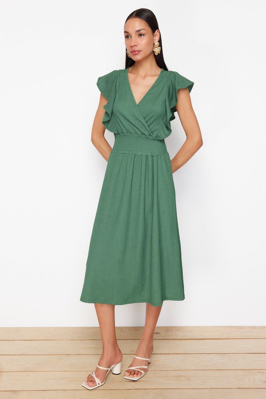 Trendyol Green Wrap/Textured Skater/Waisted Double Breasted Closure Flexible Knitted Midi Dress