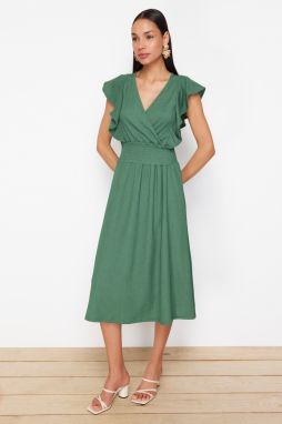 Trendyol Green Wrap/Textured Skater/Waisted Double Breasted Closure Flexible Knitted Midi Dress