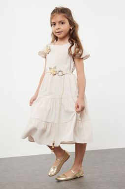 Trendyol Girl's Stone Belt Detailed Floral Appliqued Woven Short Sleeve Dress