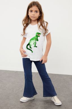 Trendyol White Boy's Dinosaur Sequined Short Sleeve Knitted T-Shirt