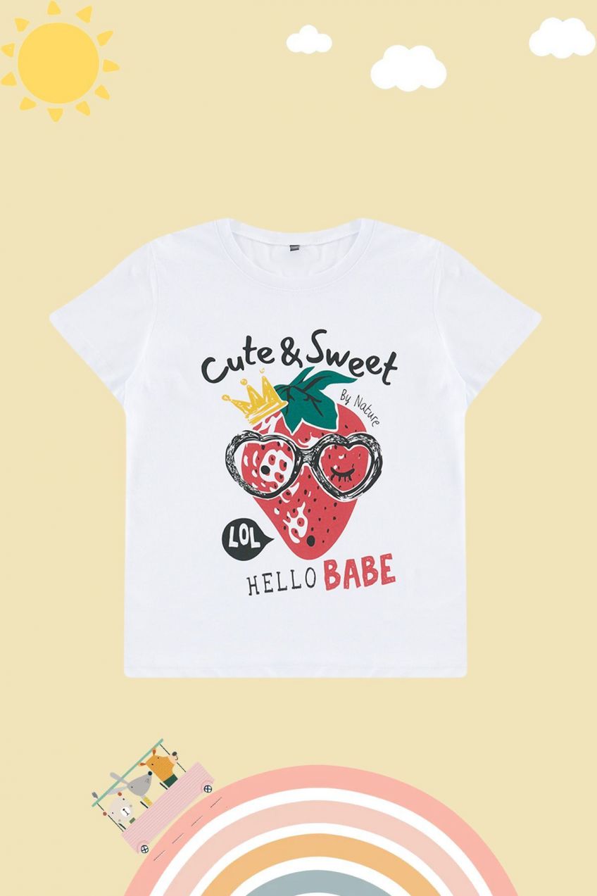 Trendyol White Girl Strawberry Patterned Crew Neck Knitted Short Sleeve T-Shirt