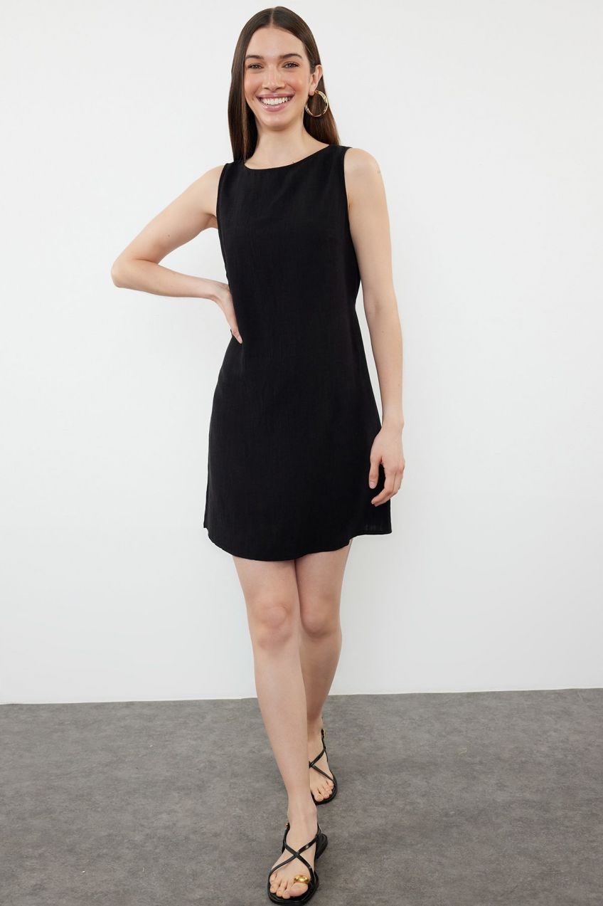 Trendyol Black Straight Cut Mini 100% Linen Woven Dress with Back Tie Detail