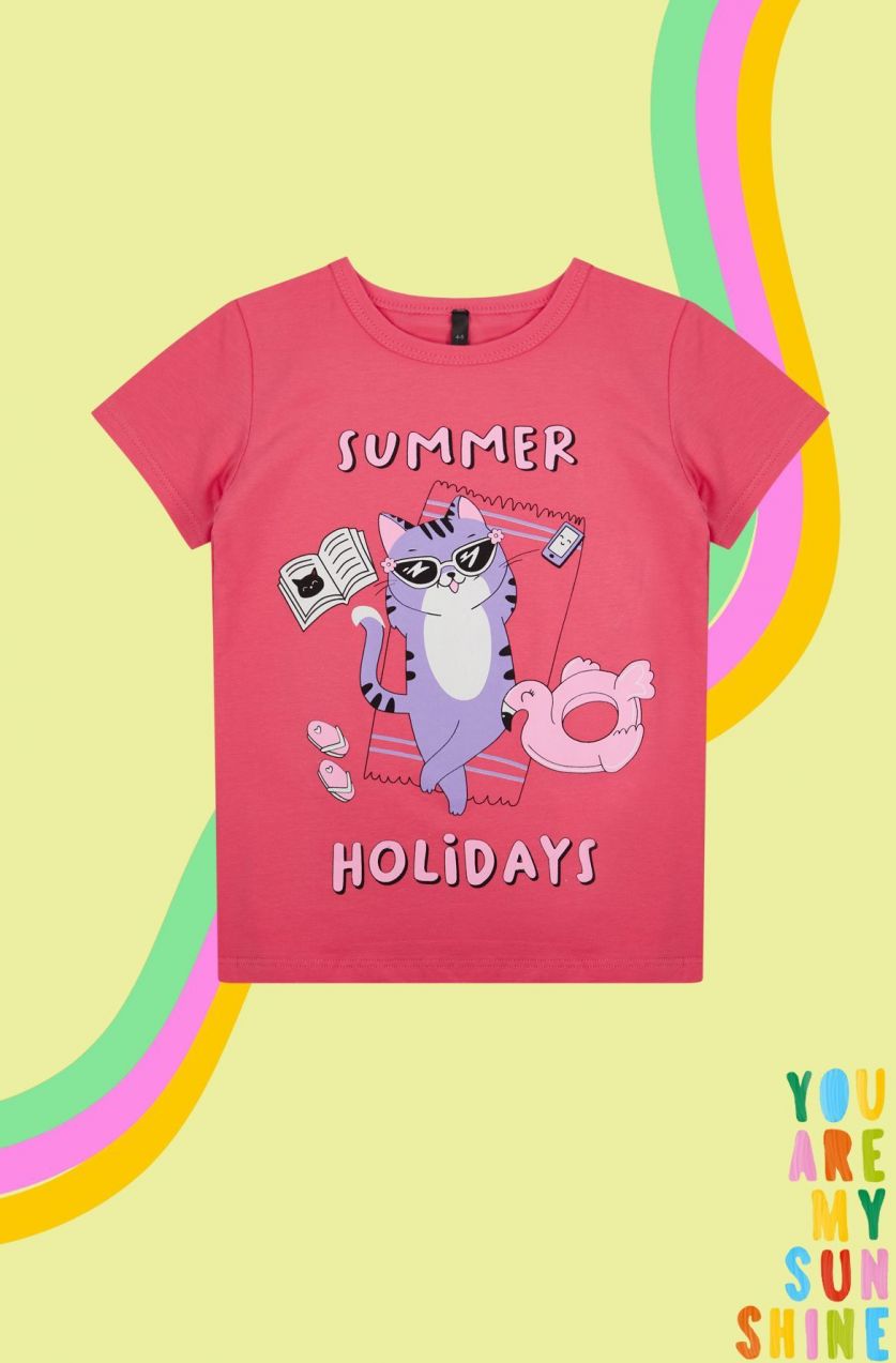 Trendyol Fuchsia Girl's Cat Patterned Short Sleeve Knitted T-Shirt