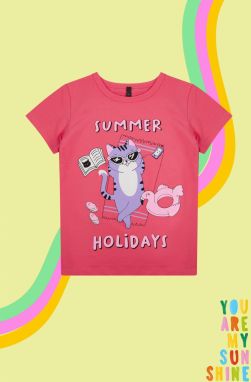 Trendyol Fuchsia Girl's Cat Patterned Short Sleeve Knitted T-Shirt