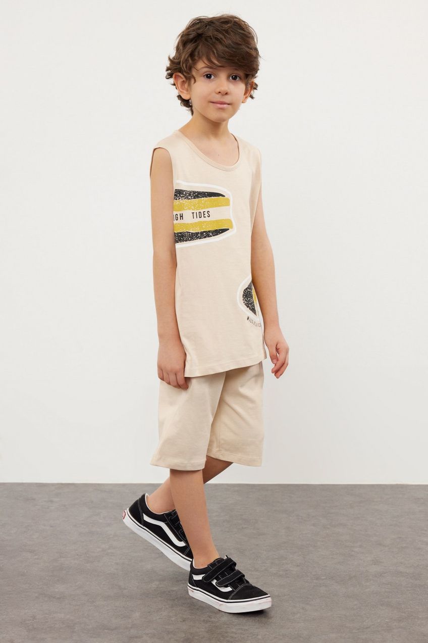 Trendyol Beige Boy Printed Sleeveless T-shirt Shorts Set Knitted Bottom-Top Set