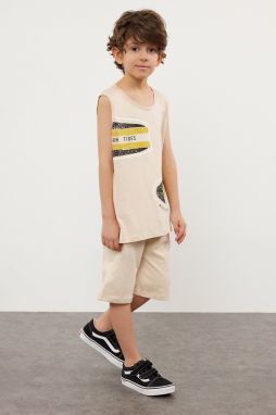 Trendyol Beige Boy Printed Sleeveless T-shirt Shorts Set Knitted Bottom-Top Set