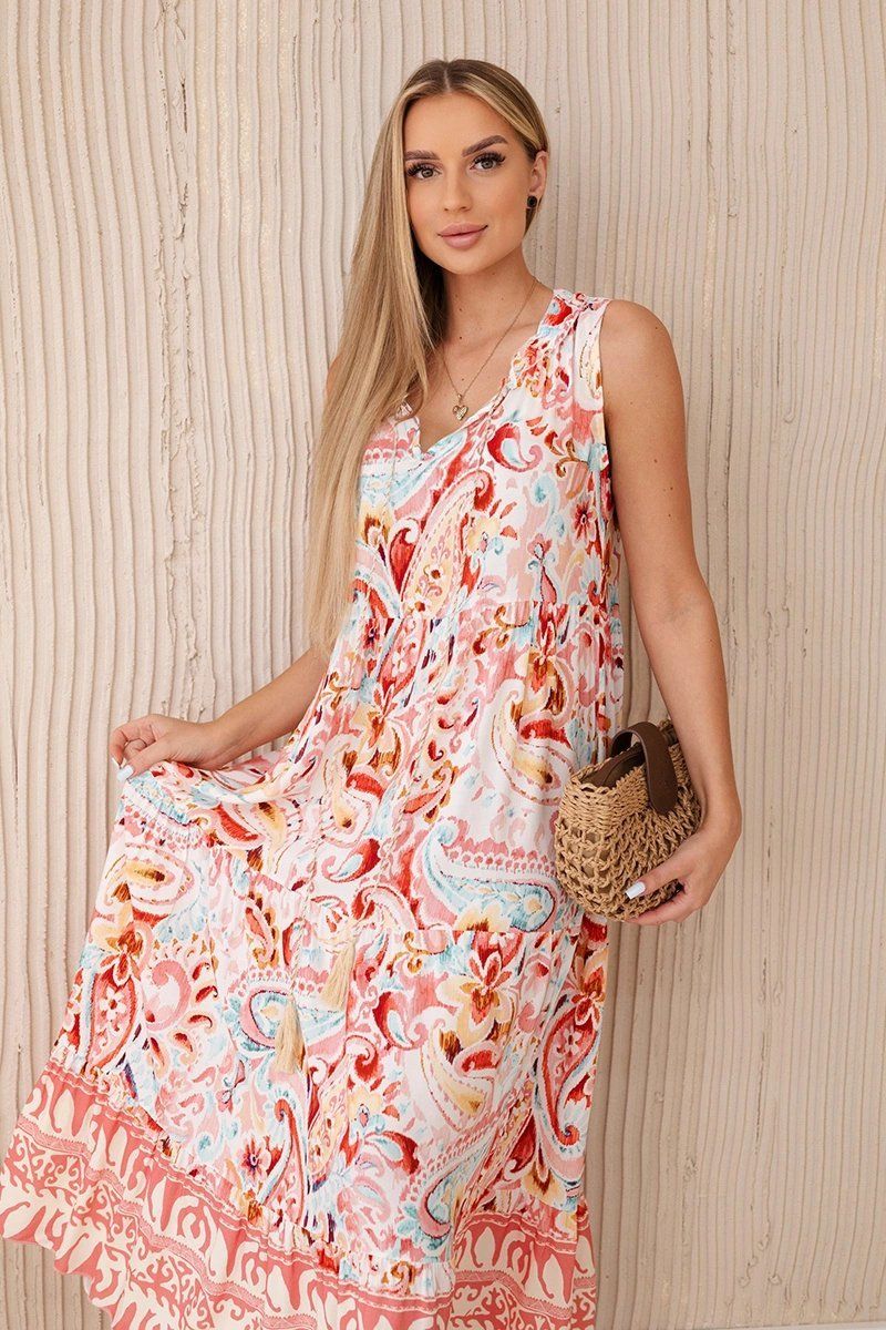 Pink viscose dress with floral motif and tie-down neckline